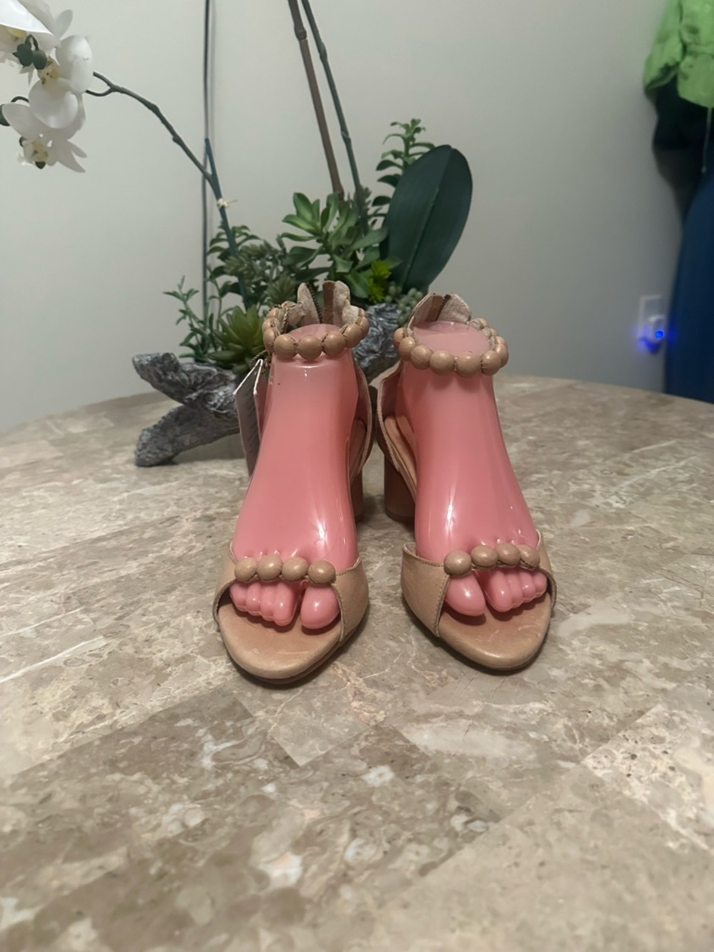 ELF Beige Beaded Block Heel Sandals